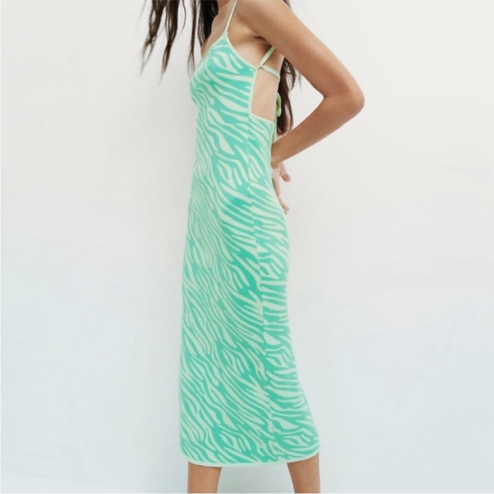 Zara Green Zebra Print Midi Dress womens size small new!